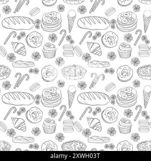 Modèle sans couture avec des aliments cuits au four, pain, tartes, crêpes, macarons, gâteaux, et sucettes dans l'illustration vectorielle de style doodle Illustration de Vecteur