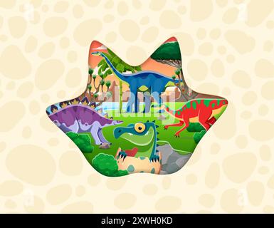 Forme découpée en papier d'empreinte de dinosaure avec des lézards jurassiques et un dinosaure de dessin animé préhistorique, bannière vectorielle pour les enfants. Drôle de dessin animé mignon Dino éclosion de l'oeuf dans l'empreinte de pied de dinosaure coupé en papier dans la jungle Illustration de Vecteur