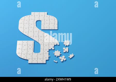 Puzzle en forme de signe dollar isolé sur fond bleu. illustration 3d. Banque D'Images