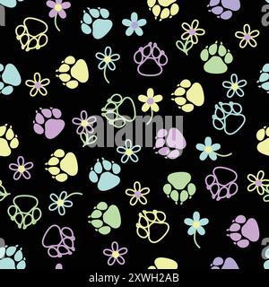 Impressions multicolores de pattes de chien et fleurs sur un fond noir, motif sans couture Illustration de Vecteur
