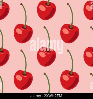 Vecteur Seamless Pattern avec adorable cerise sur fond rose. Cerises mignonnes pour la Saint-Valentin, amour, concept de romance Illustration de Vecteur