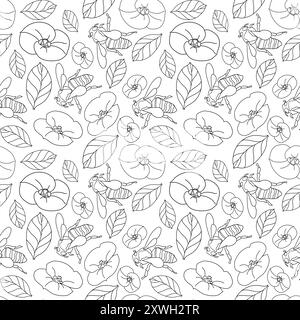 Motif floral sans couture avec des fleurs, des feuilles et des abeilles dans l'illustration vectorielle de technique de doodle Illustration de Vecteur