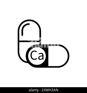 Icône de supplément de calcium. Capsule avec symbole CA. Design simple en noir et blanc. Style vectoriel minimal. Illustration de Vecteur