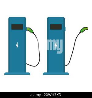 Bornes de recharge pour véhicules électriques. Deux stations bleues avec chargeurs verts. Style vectoriel plat simple. Illustration de Vecteur
