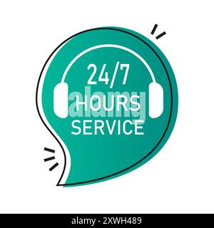 24 7 icône d'entretien. Elément graphique pour casque. Fond de bulle verte. Symbole d'assistance clientèle. Illustration de Vecteur