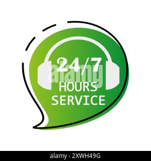 Icône du service clientèle. Symbole casque. 24 7 heures de texte. Bulle verte. Illustration de Vecteur