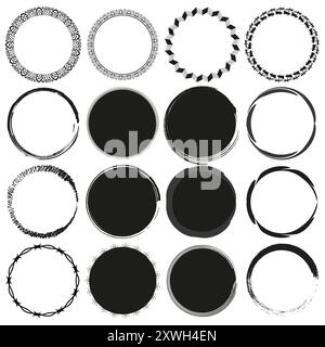 Ensemble d'icônes décoratives de cercle. Seize modèles ronds différents. Vecteur abstrait noir et blanc. Illustration de Vecteur