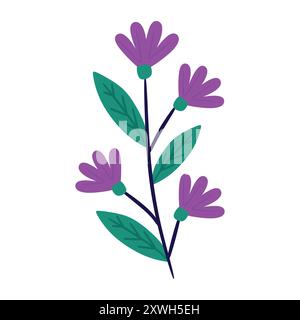 Branche florale simple et stylisée avec trois fleurs violettes et des feuilles vertes. Parfait pour les designs minimalistes, le branding et les graphiques de médias sociaux. Illustration de Vecteur