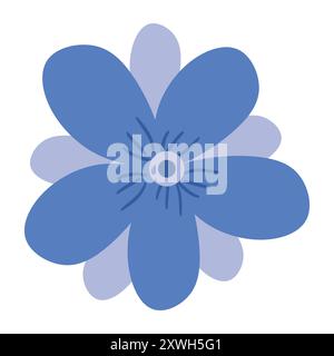 Une fleur bleue stylisée avec six pétales arrondis et un petit centre sombre pour l'illustration de thème floral et décoratif. Illustration de Vecteur