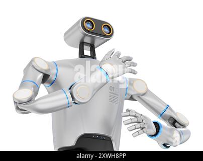 Vue avant du robot humanoïde ai sur fond blanc. Image de rendu 3D. Banque D'Images