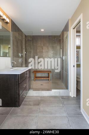 Salle de bains avec meuble-lavabo mural en érable foncé et grande douche de plain-pied Banque D'Images