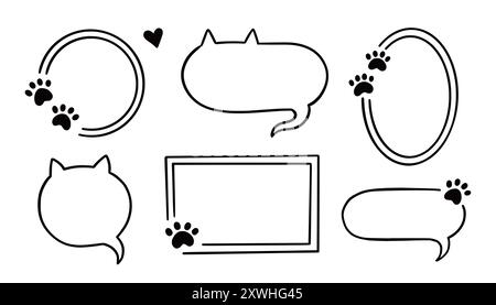 Cadre d'animal de compagnie de chien de chat, bulle de parole ensemble mignon. Dessin dessiné à la main dessin de la ligne de dessin animal de style animal cadre. Chat, patte de chien mignon parler bulle de discours design. Écusson à empreinte ronde pour chiot. Illustration vectorielle. Illustration de Vecteur