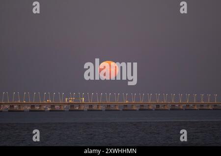 Lisbonne, Portugal. 19 août 2024. La pleine lune se lève de la structure du pont Vasco da Gama à Lisbonne. La Lune bleue, nommée d'après la deuxième pleine lune au cours du même mois du calendrier grégorien, est la première de 2024 et a la particularité d'orbiter près de 22 mille kilomètres plus près de la Terre. (Photo de Jorge Castellanos/SOPA images/SIPA USA) crédit : SIPA USA/Alamy Live News Banque D'Images