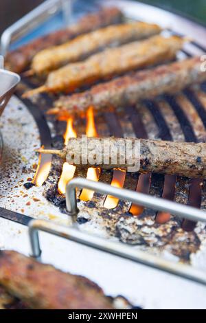 kebabs juteux sur un barbecue avec de la fumée. Barbecue relaxant et délicieux dans la cour arrière. Banque D'Images