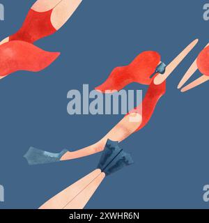 Motif sans couture avec des femmes flottantes dans un style vintage. Natation. Illustration aquarelle sur fond bleu Banque D'Images