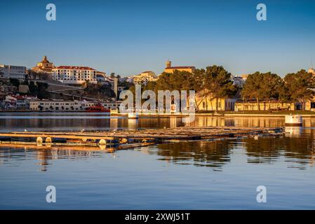 Lever de soleil avec ciel clair et mer calme depuis le port de Maó (Minorque, Îles Baléares, Espagne) ESP : Amanecer con cielo despejado al mar en Mahón Banque D'Images