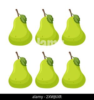 Ensemble de six fruits de poire verte isolés sur fond blanc, modèle sans couture de poire douce. Fond de fruits sains organiques Illustration de Vecteur
