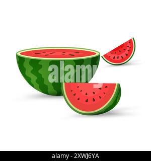 Fruits biologiques de pastèque frais avec deux coupes de morceau tranché et illustration vectorielle juteuse de tranche de pastèque dans un design plat isolé sur fond blanc Illustration de Vecteur