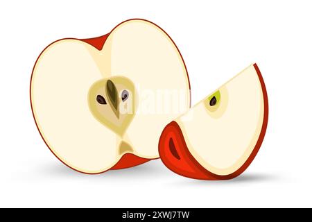 Deux parties de pomme tranchées et coupées en morceaux, élément de pomme fruitée rouge sur fond blanc isolé, concept de fruit sain, et ensemble de pommes frui Illustration de Vecteur