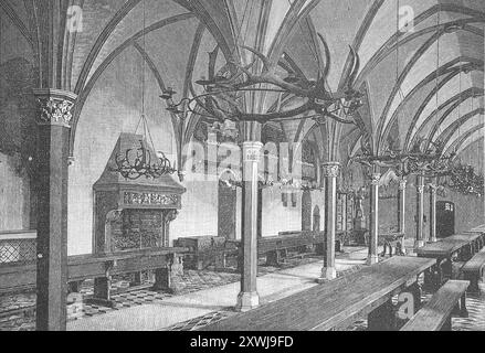 Le Marienburg, Malborku, un château médiéval de l'ordre Teutonique construit au 13ème siècle sur le Nogat, aujourd'hui Pologne. Ici, la salle à manger vers 1880, historique, restauré numériquement reproduction d'un modèle du 19ème siècle, date d'enregistrement non indiquée, Die Marienburg, eine im 13. Jahrhundert erbaute mittelalterliche Ordensburg des Deutschen Ordens an der Nogat, heute Polen. Hier der Speiseremter um 1880, Historisch, digital restaurierte Reproduktion von einer Vorlage aus dem 19. Jahrhundert Banque D'Images