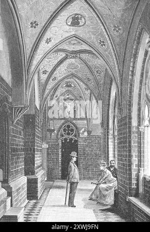 Le Marienburg, Malborku, un château médiéval de l'ordre Teutonique construit au 13ème siècle sur le Nogat, aujourd'hui Pologne. Ici le cloître avec la porte de la grande tour vers 1880, historique, restauré numériquement reproduction d'un modèle du 19ème siècle, date de record non indiquée, Die Marienburg, eine im 13. Jahrhundert erbaute mittelalterliche Ordensburg des Deutschen Ordens an der Nogat, heute Polen. Hier der Kreuzgang mit der Tür zum großen Turm um 1880, Historisch, digital restaurierte Reproduktion von einer Vorlage aus dem 19. Jahrhundert Banque D'Images