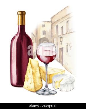 Composition aquarelle avec bouteille de vin rouge, verre de vin avec vin rouge, fromages italiens et français, brie, camembert et parmesan sur la vieille rue backgroun Banque D'Images