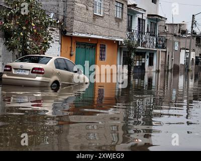 Chalco, Mexique. 19 août 2024. Pendant dix-huit jours consécutifs, de fortes pluies ont touché des milliers de personnes, provoquant des inondations atteignant un mètre et demi de haut ; cela a généré de grandes pertes matérielles et économiques ; parallèlement à cette situation, les eaux usées affectent la santé des habitants du quartier de Culturas de Mexico et des environs le 19 août 2024 à Chalco, État de Mexico, Mexique. (Photo de Josue Perez/Sipa USA) crédit : Sipa USA/Alamy Live News Banque D'Images