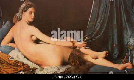'Peinture de Jean-Auguste-Dominique Ingres (* 29 août 1780 à Montauban ; † 14 janvier 1867 à Paris), peintre français, le grand odalisque, terme historique désignant les concubines à peau claire ou les femmes de chambre destinées à servir personnellement dans le harem du sultan ou d'autres personnalités de haut rang de l'Empire ottoman, historique, reproduction numérisée d'un original du XIXe siècle, date de référence non indiquée', Gemälde von Jean-Auguste-Dominique-Ingres (* 29. Août 1780 à Montauban ; † 14. Januar 1867 à Paris), Französischer Maler, Die große Odaliske, eine historische Beze Banque D'Images