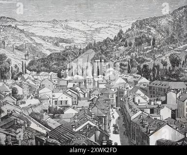 Historique, restauré numériquement reproduction d'un original du XIXe siècle, date d'enregistrement non indiquée, vue de la ville thermale de Plombières-les-bains dans les Vosges, 1855, France, Historisch, digital restaurierte reproduction von einer Vorlage aus dem 19. Jahrhundert, date du record non indiquée, Ansicht von dem Kurort Plombières-les-bains in den Vogesen, Frankreich Banque D'Images