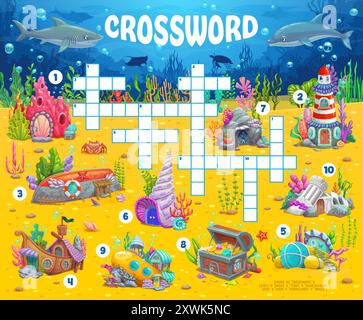 Grille de jeu de quiz de mots croisés, feuille de calcul vectorielle de maisons de dessin animé sous-marines. Puzzle de mots pour enfants et labyrinthe d'éducation anglaise avec coquillage, sous-marin, bateau et bateau maisons de fond. Jeu de mots croisés de vocabulaire Illustration de Vecteur