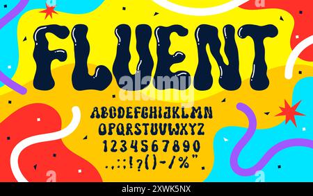 Type groovy liquide, police psychédélique y2k, police de caractères à bulles hippie, lettres de l'alphabet anglais et chiffres sur fond de vecteur de motif de blob de couleur. Police Psychedelic Liquid Bubble, police y2k caractères abc Illustration de Vecteur