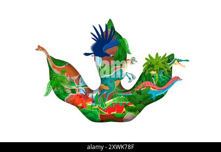 Bannière préhistorique découpée en papier d'empreinte de dinosaure avec personnages animaliers Dino de dessin animé et forêt de jungle jurassique. Vecteur 3d origami cadre d'empreinte de dinosaure avec styracosaurus, oviraptor et suchomimus Illustration de Vecteur