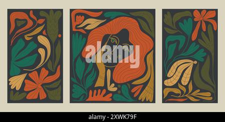 Vecteur femme et fleurs rétro illustration, design moderne floral boho. Portrait des affiches féminines, feuilles imprimées. Illustration de Vecteur