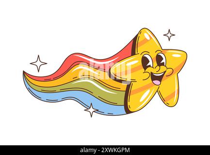Personnage rétro groovy star de l'espace avec queue arc-en-ciel volant dans l'espace, vecteur de bande dessinée. Drôle comique groovy galaxie étoile avec le visage funky et sourire heureux avec la brillance scintillante de l'arc-en-ciel pour l'amour emoji Illustration de Vecteur