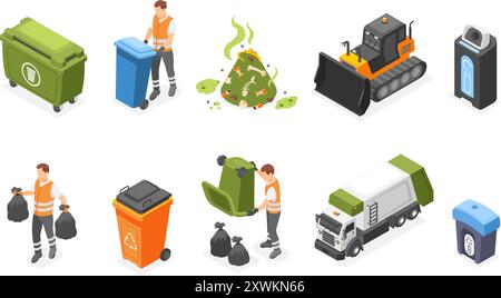 Déchets 3D isométriques. Conteneurs à déchets en plastique, camion-citerne et tracteur à compostage. Travailleurs de l'industrie de recyclage, ensemble de vecteurs impeccables de protection de l'environnement Illustration de Vecteur