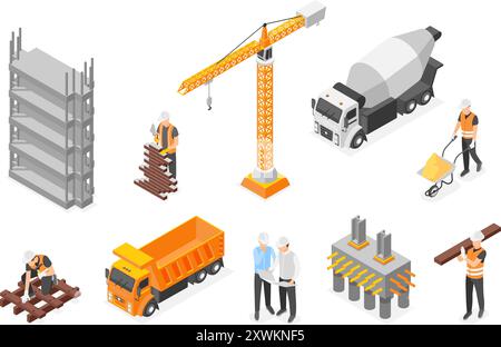 Procédé de construction isométrique. Constructions de bâtiments, constructeurs avec équipement et outils. Ouvriers en transport uniforme et spécial, vecteur sans faille Illustration de Vecteur