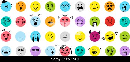 Visages comiques émotionnels. Dessins animés doodle personnages avec différentes émotions. Sourire heureux surprise agressif dans les humeurs amoureuses. Ensemble de vecteurs néotériques drôle Illustration de Vecteur