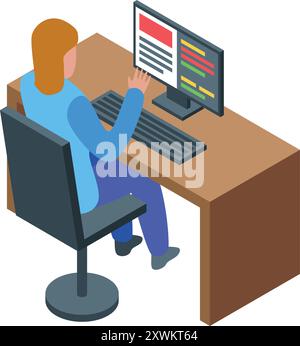 Programmeur féminin travaillant sur l'ordinateur avec le code sur l'écran assis sur la chaise de bureau au bureau Illustration de Vecteur