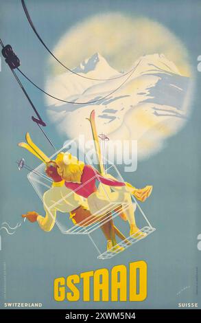 Affiche de voyage vintage pour Gstaad par Martin Peikert feat a couple in a ski lift - Schweiz, Suisse, Suisse Banque D'Images