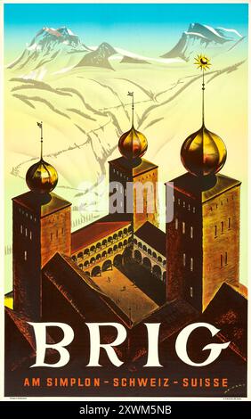 Brig (années 1940) affiche de voyage suisse vintage - Martin Peikert Artwork - Schweiz, Suisse, Suisse Banque D'Images