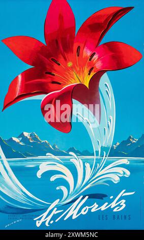 Moritz les bains (1958) Swiss Travel Poster - Martin Peikert Artwork - Red flower Banque D'Images