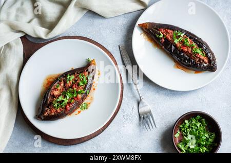 Nourriture turque traditionnelle aubergine farcie, viande, tomate et épices, karniyarik Banque D'Images
