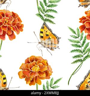 Motif sans couture de Marigolds avec des papillons. Illustration à l'aquarelle dessinée à la main de fleurs oranges isolées sur fond blanc. Pour le papier d'emballage, t Banque D'Images