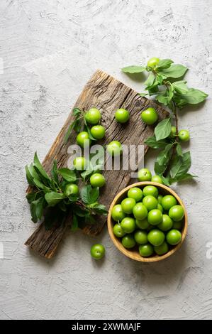 Prunes vertes biologiques fraîches mûres ou greengage dans un bol sur fond rustique blanc, tas de concept de fruits d'été Banque D'Images