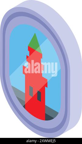 Badge souvenir isométrique représentant un phare rouge construit près de la mer Illustration de Vecteur