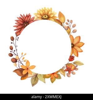 Cadre rond d'automne avec fleur d'aquarelle et brindille et espace de copie. Modèle de bord floral dessiné à la main dans un style rustique. Parfait pour l'automne botanique Illustration de Vecteur