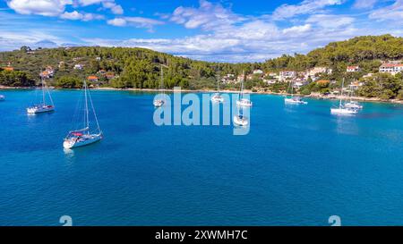Drone vue de yachts amarrés sur des bouées près de la rive dans la baie d'Uvala Gradina près de la ville de Vela Luka sur l'île de Korcula en Croatie Banque D'Images