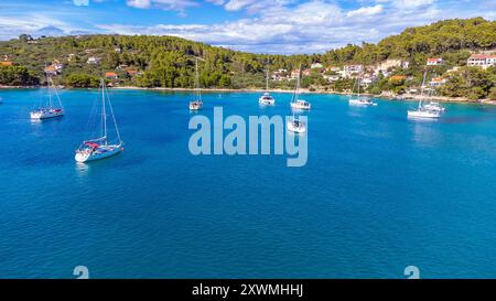 Drone vue de yachts amarrés sur des bouées près de la rive dans la baie d'Uvala Gradina près de la ville de Vela Luka sur l'île de Korcula en Croatie Banque D'Images