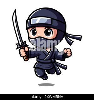 Mignon personnage de dessin animé Ninja tenant l'épée Illustration de Vecteur