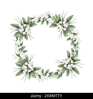 Couronne de neiges de Noël avec branches et baies blanches illustration isolée à l'aquarelle. Cadre rond dessiné à la main Banque D'Images
